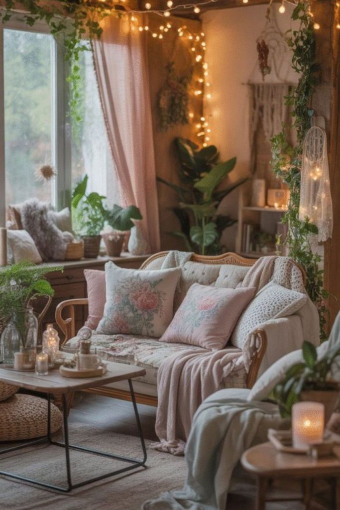 Sunlight-filled cozy corner with plants