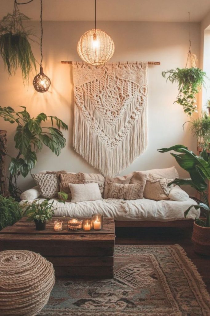 Macrame hangings rattan armchairs layered rugs