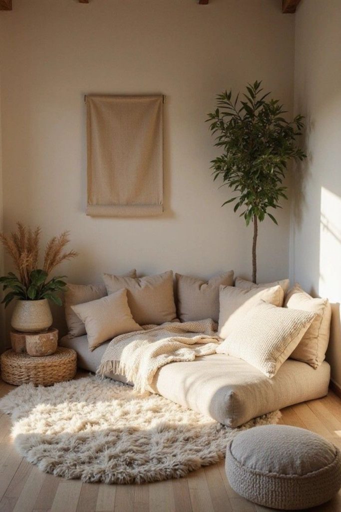 Cozy corner with cushions and sunlight