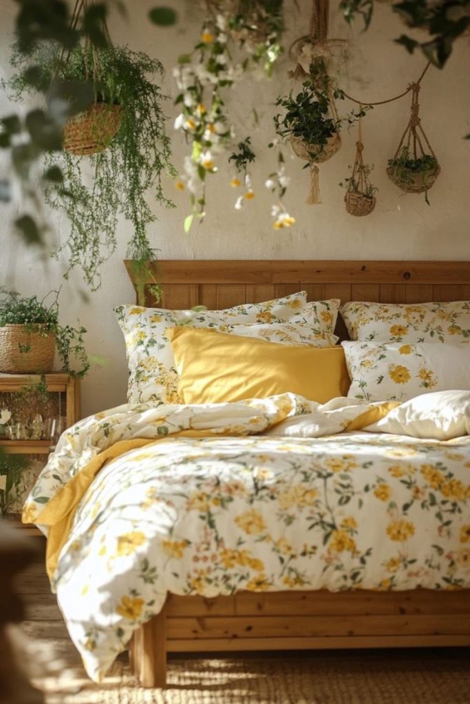 Golden floral bedding with wicker decor