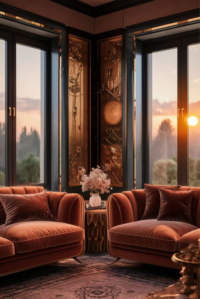 Amber coral glowing dreamy luxurious lounge.