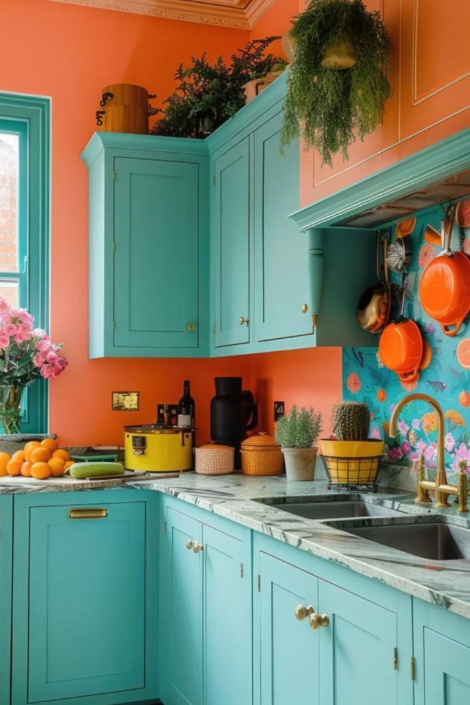 Tangerine teal bright whimsical kitchen