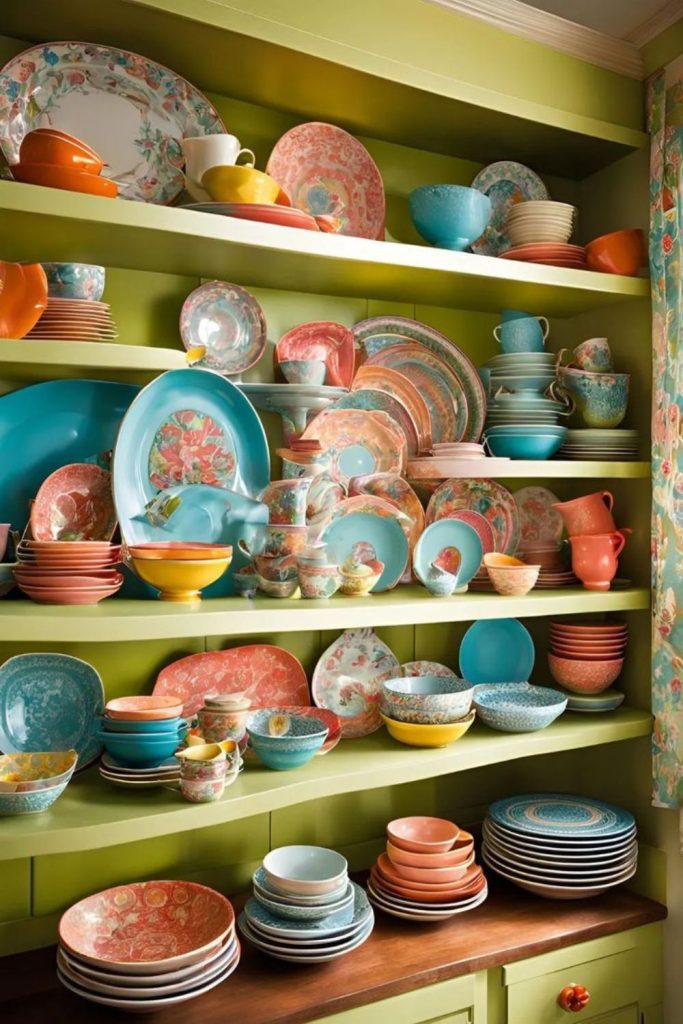 Stacked teacups create whimsical kitchen display