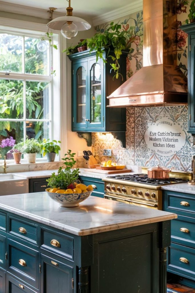 Teal cabinetry antique bright kitchen