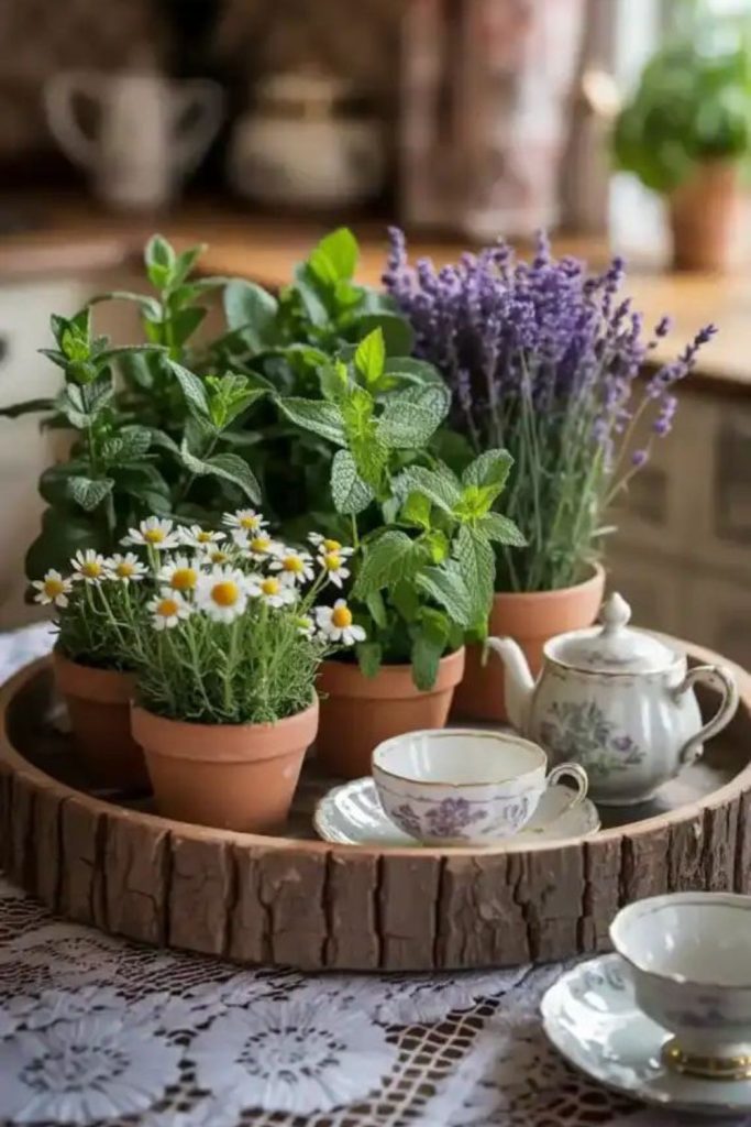Terracotta pots with dried lavender accents.