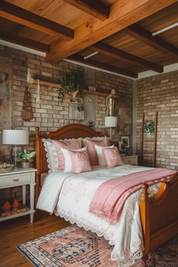 Floral quilt bedroom with sewing basket