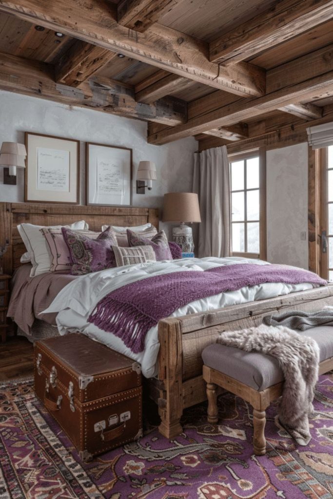 Lavender bedroom with oak beam ceiling
