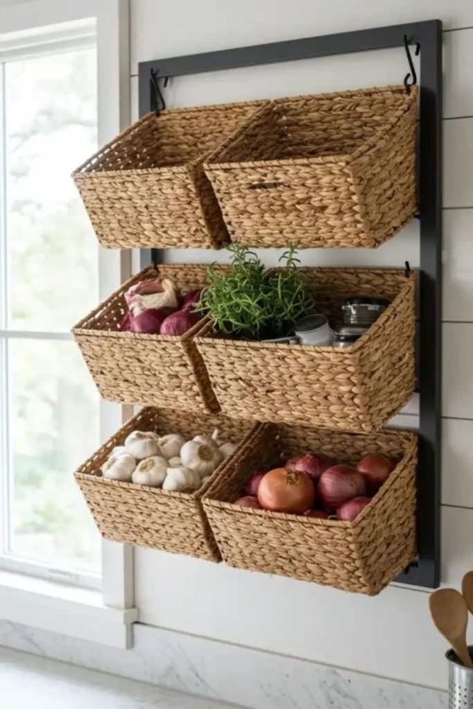 Stacked baskets store fruits and snacks.