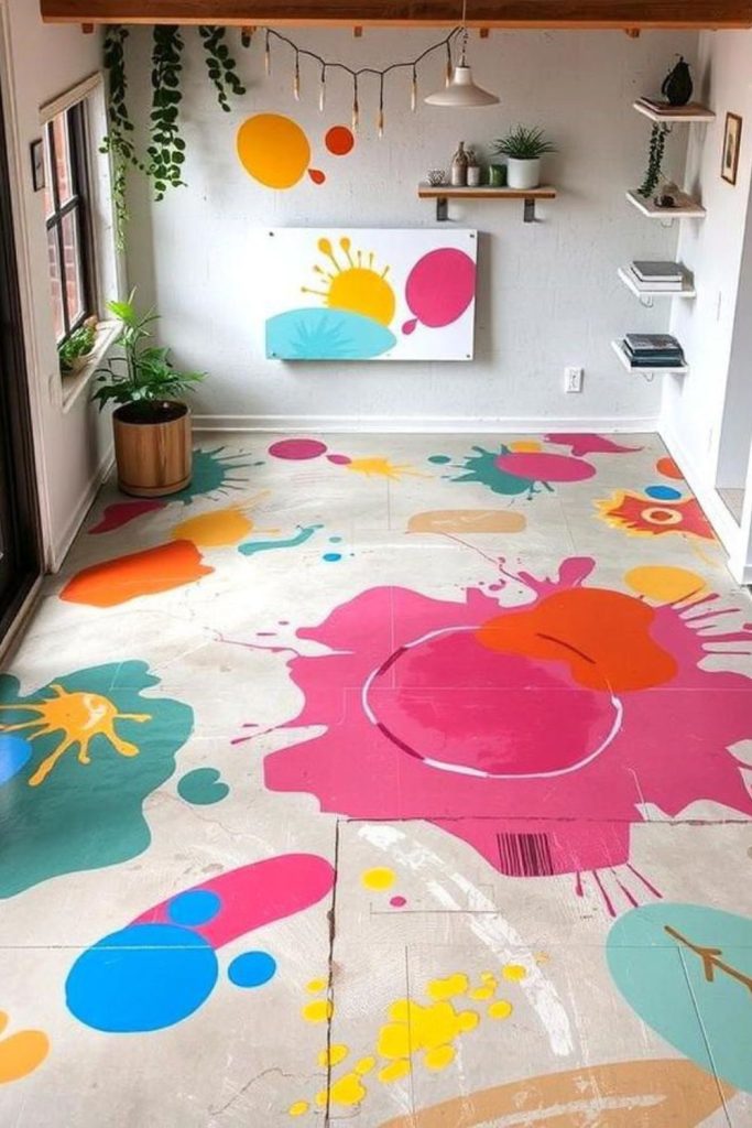 Paint splattered floor, desk, creative energy
