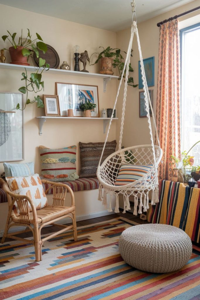 Hammock, patchwork rug, hanging planters, warm