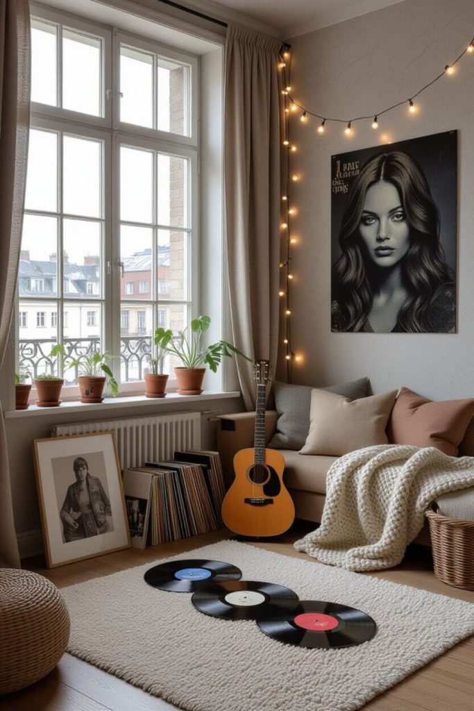 Guitar, amplifier, uneven rugs, warm glow