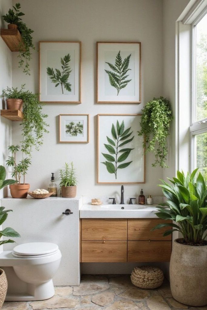 Tropical plant-filled small bathroom