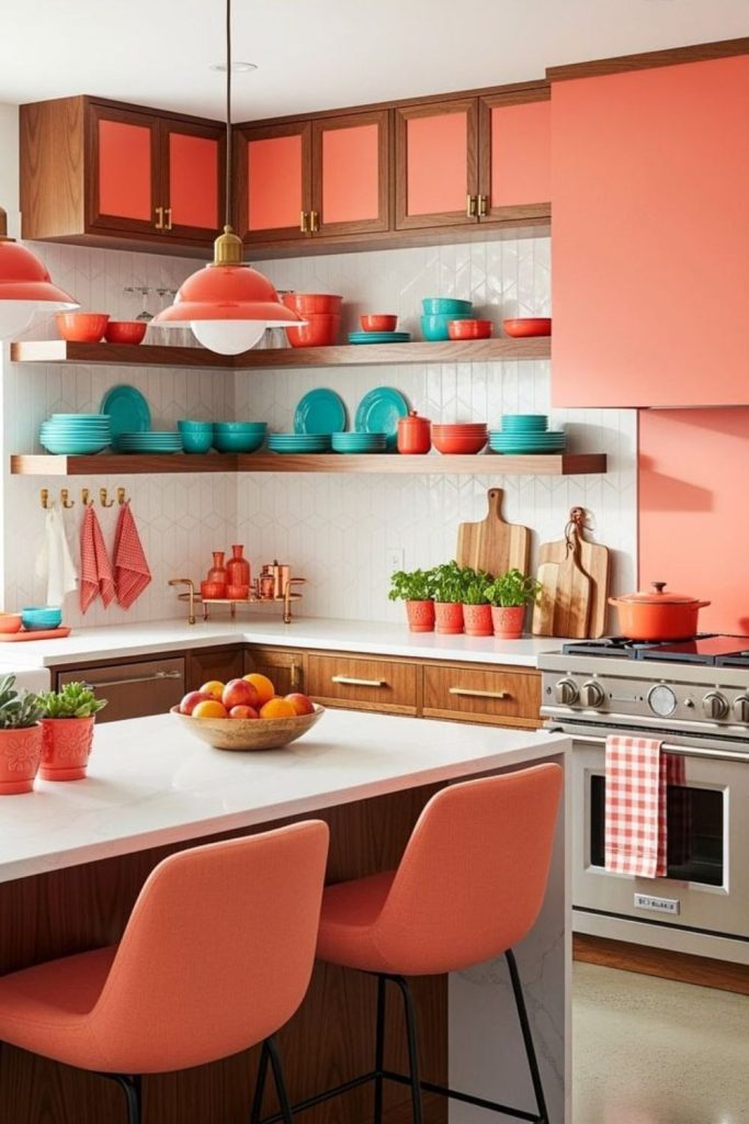 Coral teal golden tropical kitchen