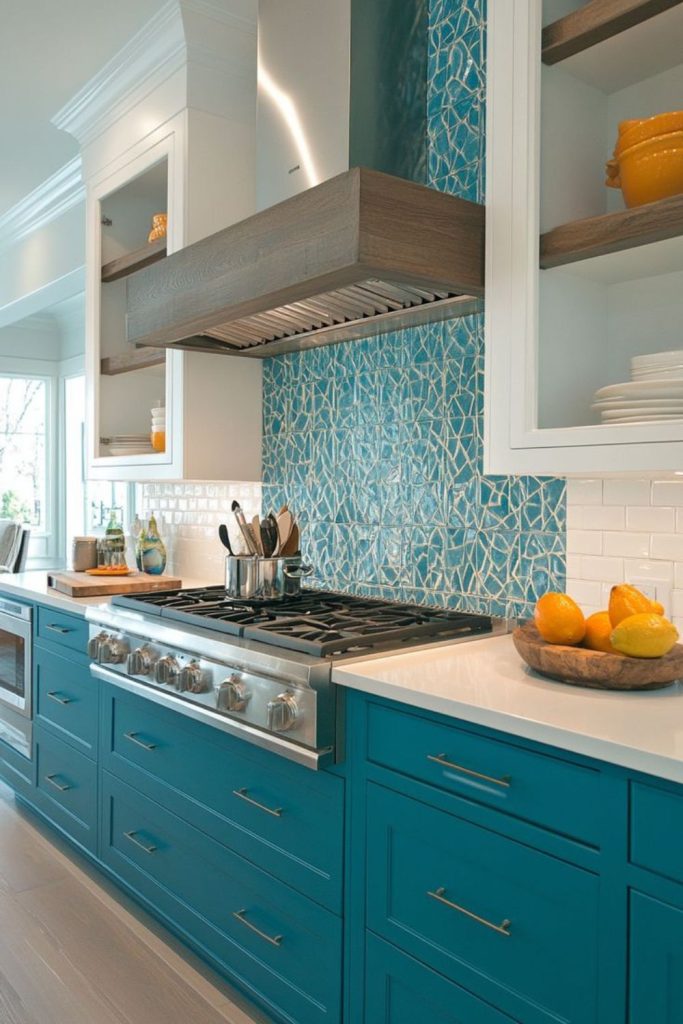 Deep turquoise backsplash mimicking fluid ocean waves.
