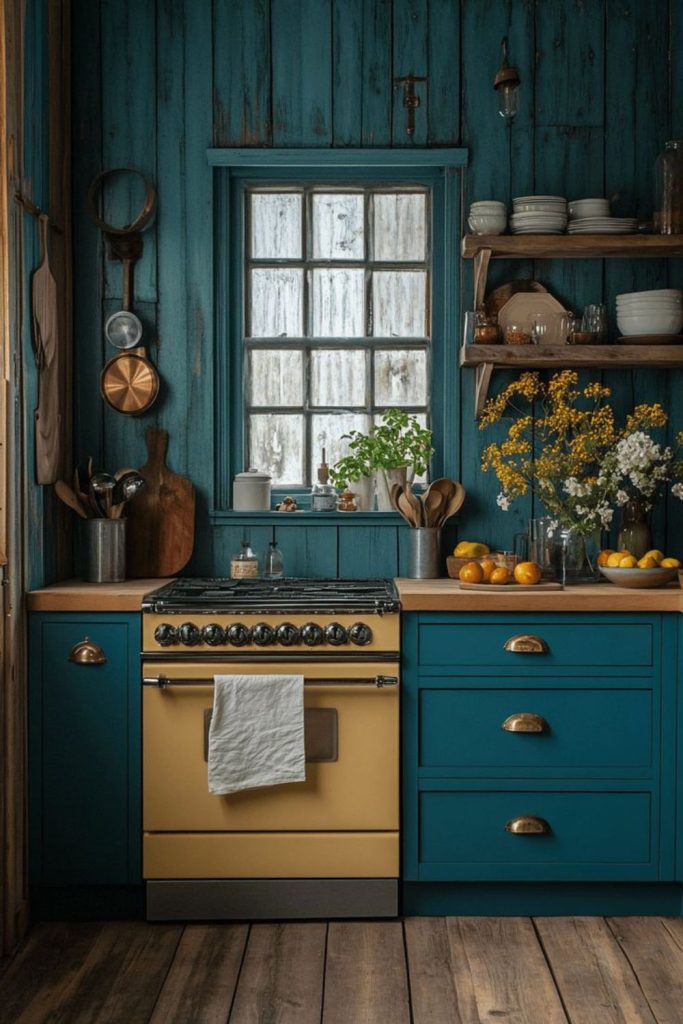 Teal cabinetry antique cozy kitchen