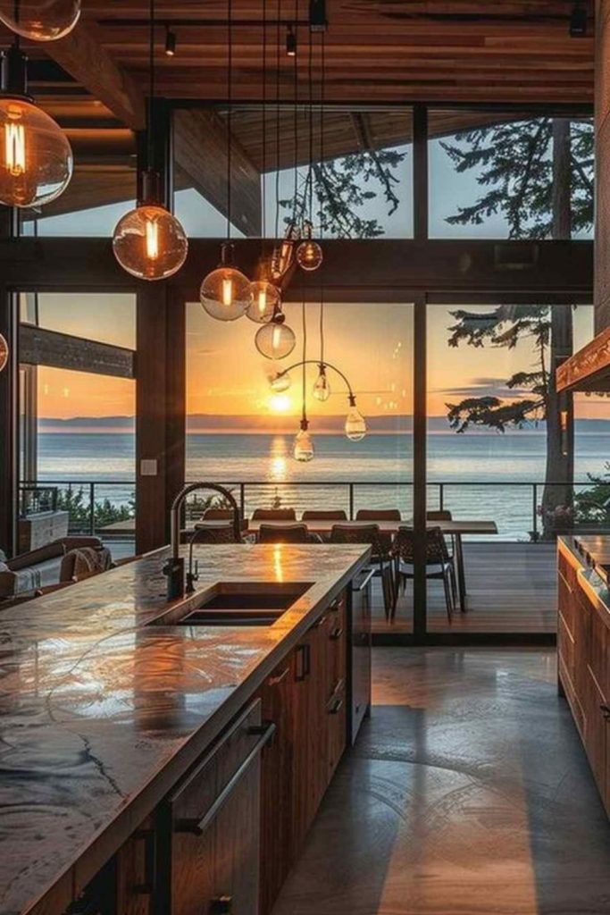 Coastal kitchen bathed in twilight light
