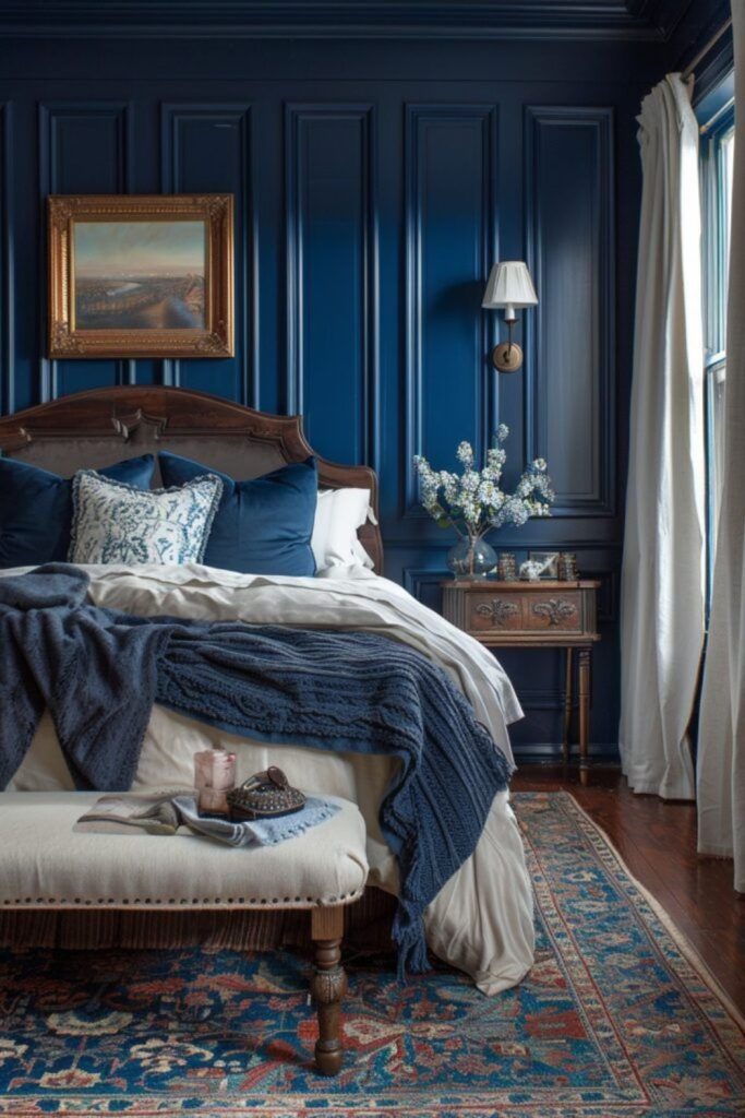 Twilight blue heirloom calm vintage bedroom.
