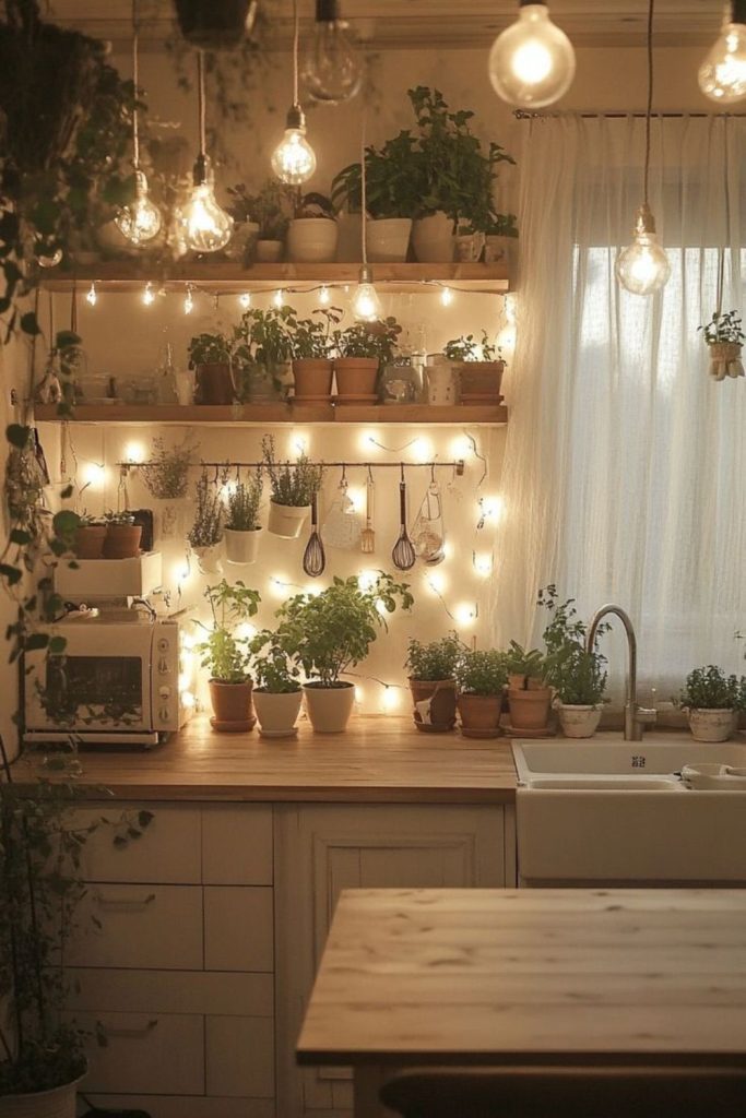 Softly lit kitchen with lantern glow