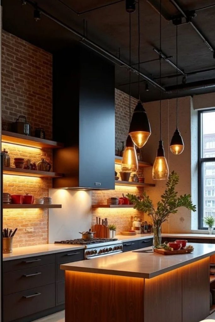 Modern loft kitchen with low lighting