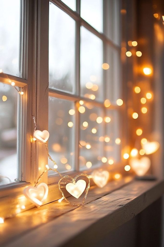Heart-shaped fairy lights sparkling randomly.