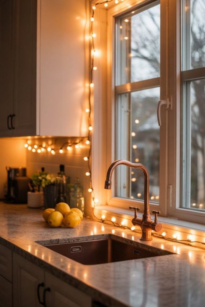 Fairy lights draped across window softly