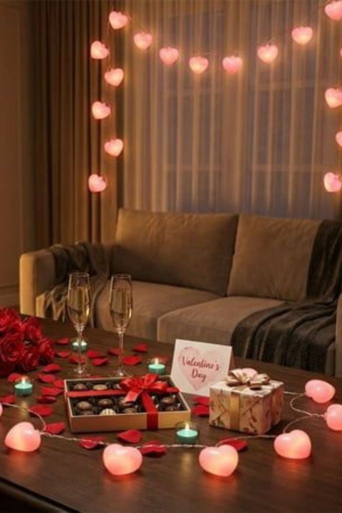 Mini heart fairy lights glowing inside.