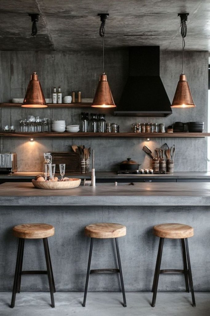 Concrete island with industrial minimalist style.