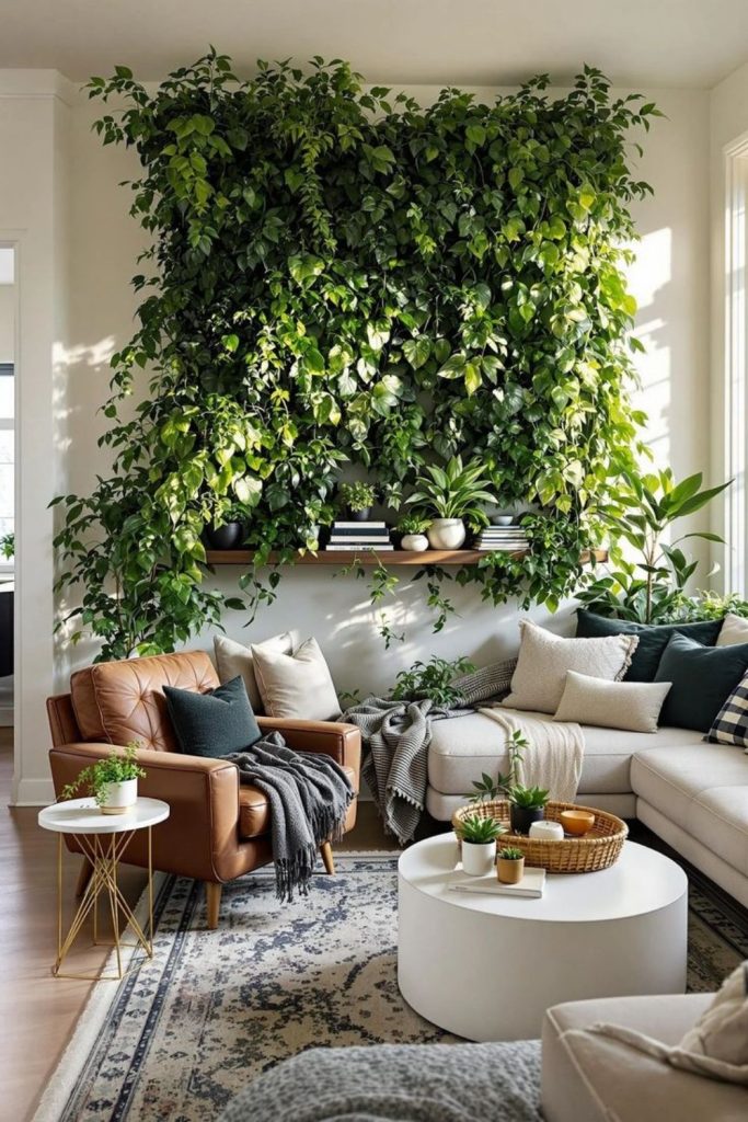 Vines and moss decorate tall indoor wall.