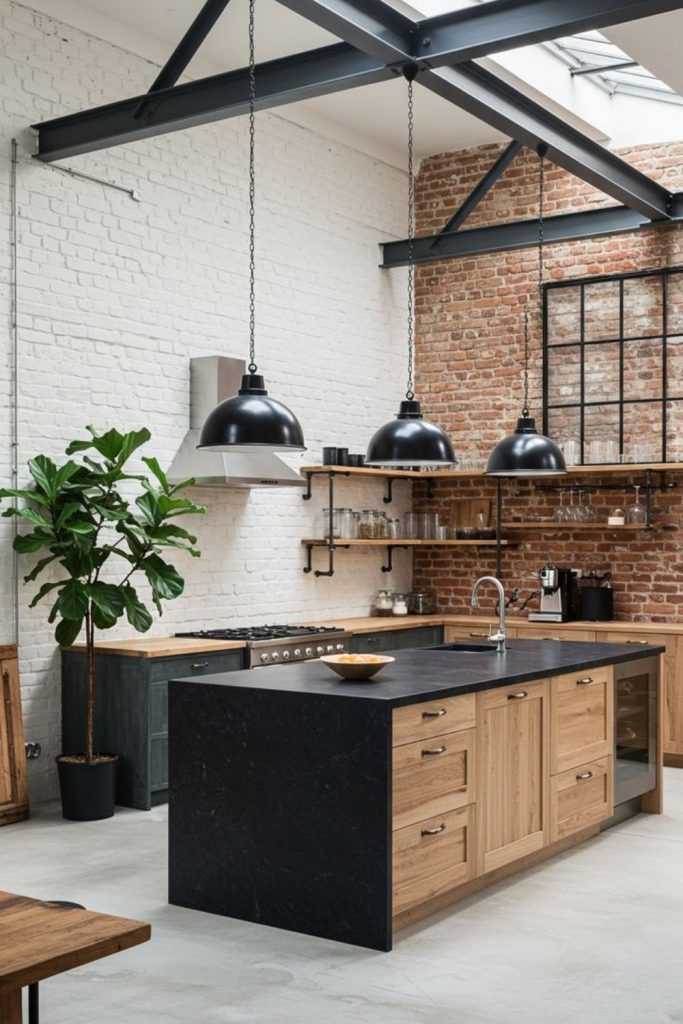 Industrial loft kitchen with brick walls