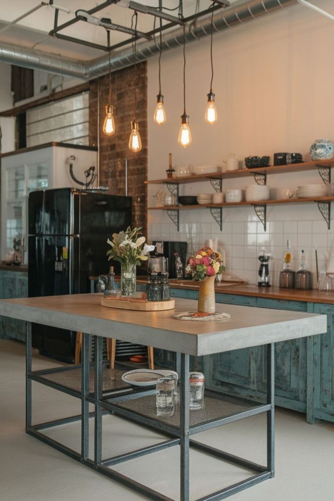 Metal and timber island with industrial style.