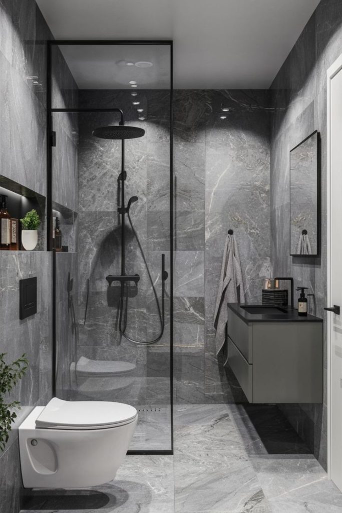 Compact modern bathroom with slate tiles