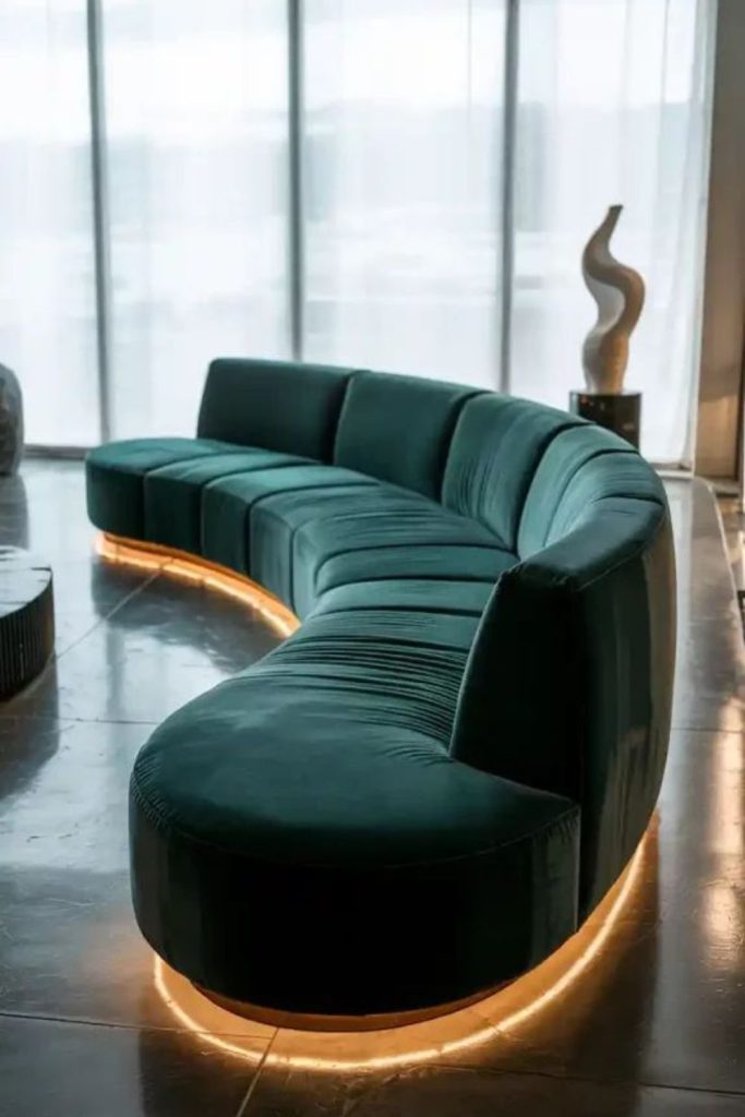 Luxurious dark velvet curved sofa.