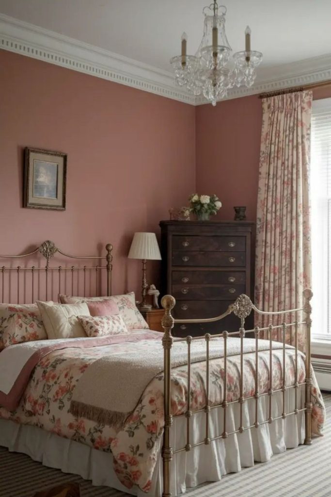 Cozy dusty rose vintage brass bedroom.
