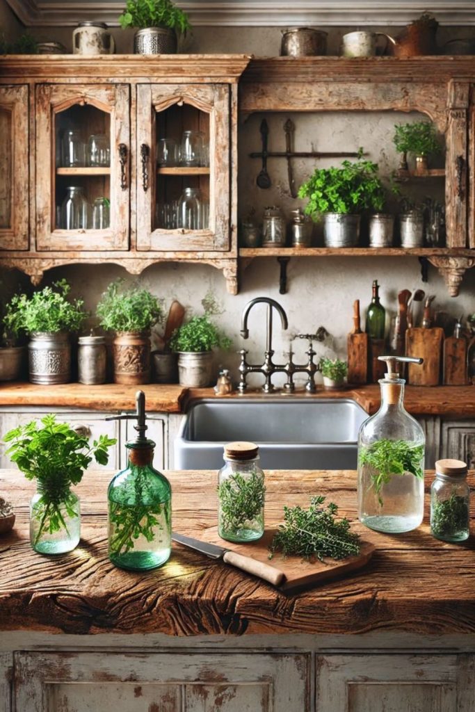 Green herbs vintage rustic kitchen