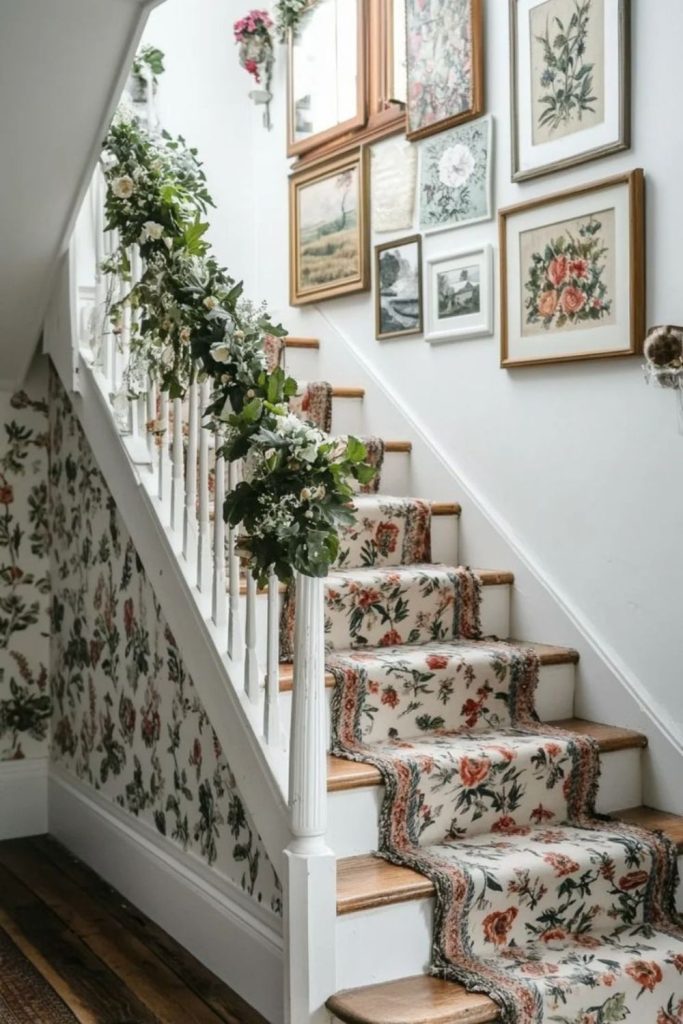 Ivy-wrapped staircase with glowing lanterns