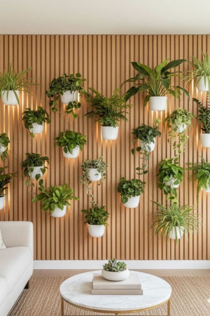 Curved wall-mounted plant strips.