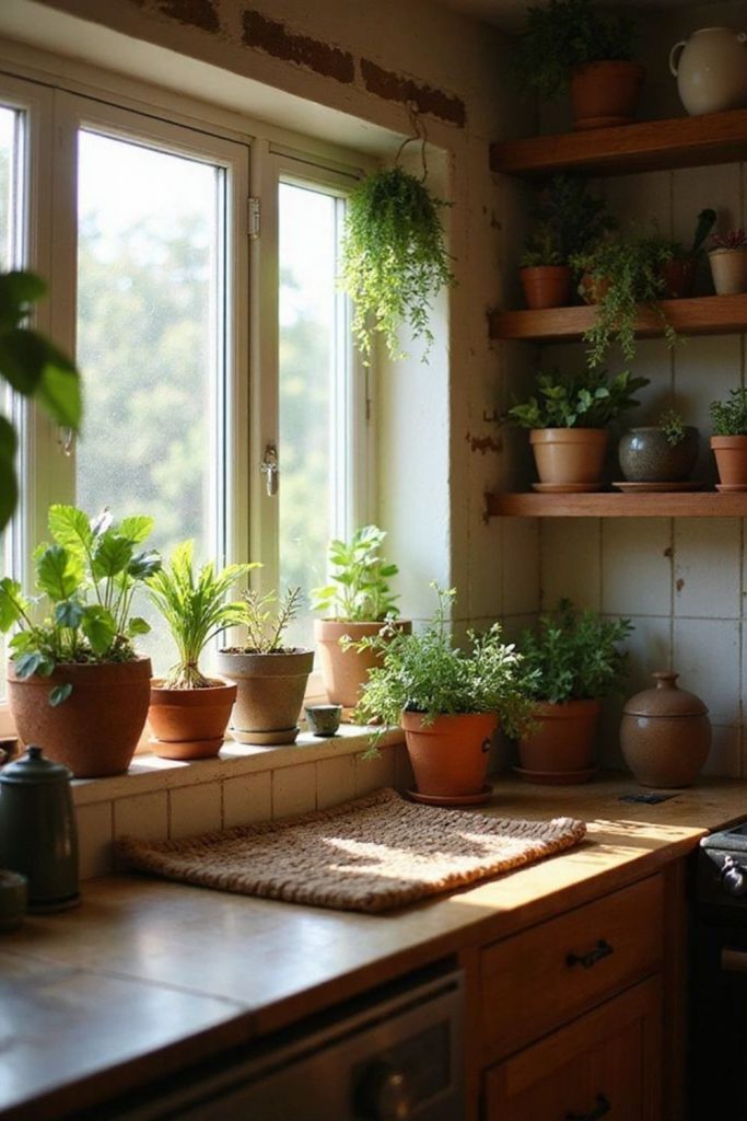 Vertical succulent planters above kitchen sink