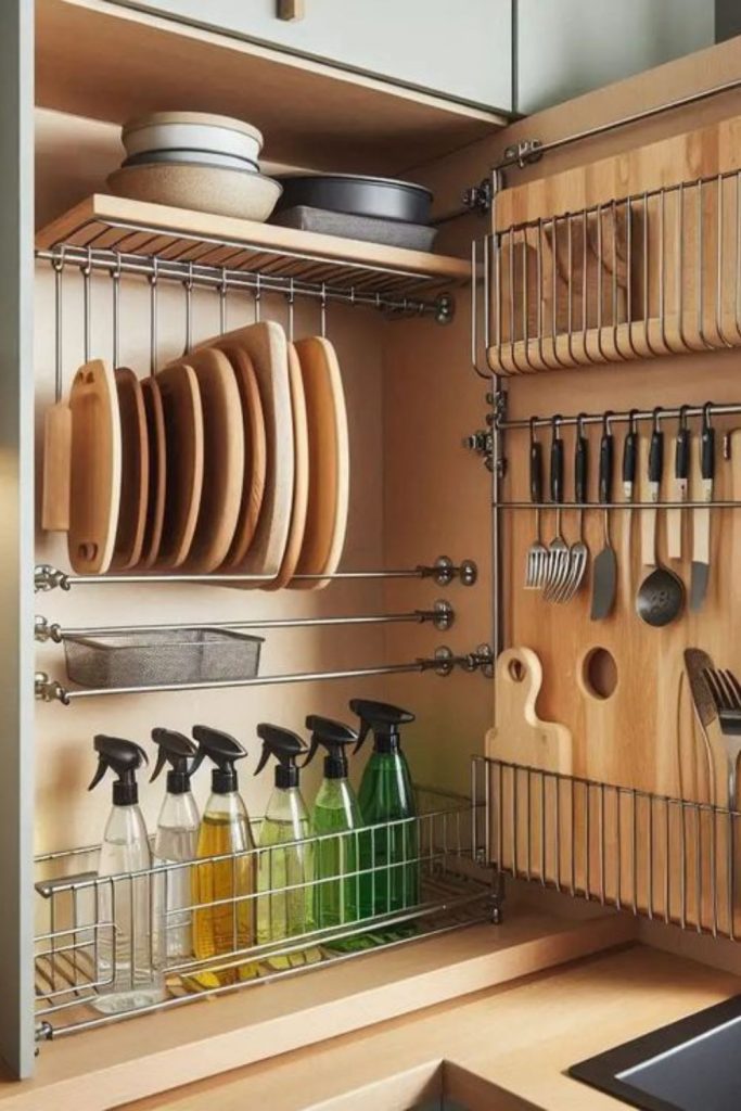 Trays and boards stand upright neatly.