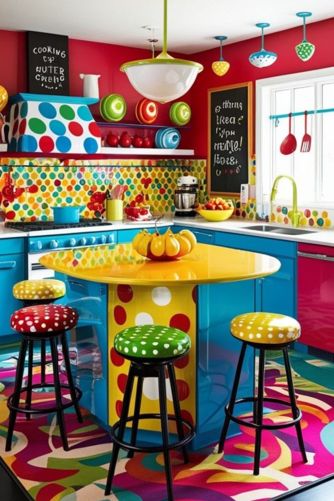 Retro circus-themed whimsical kitchen space