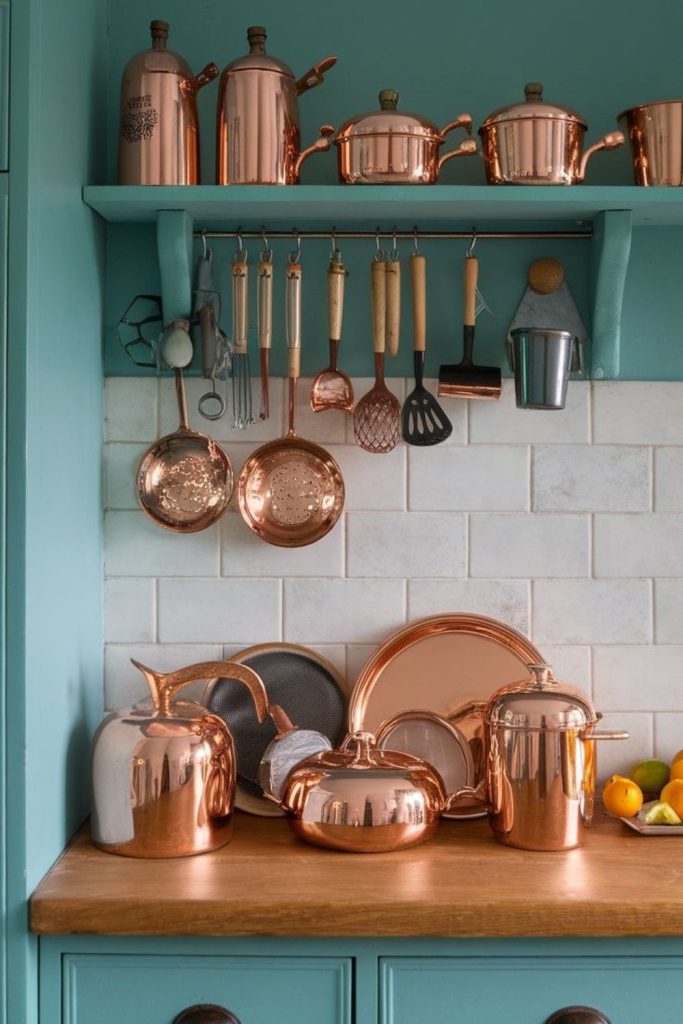 Copper island with rustic kitchen accessories.