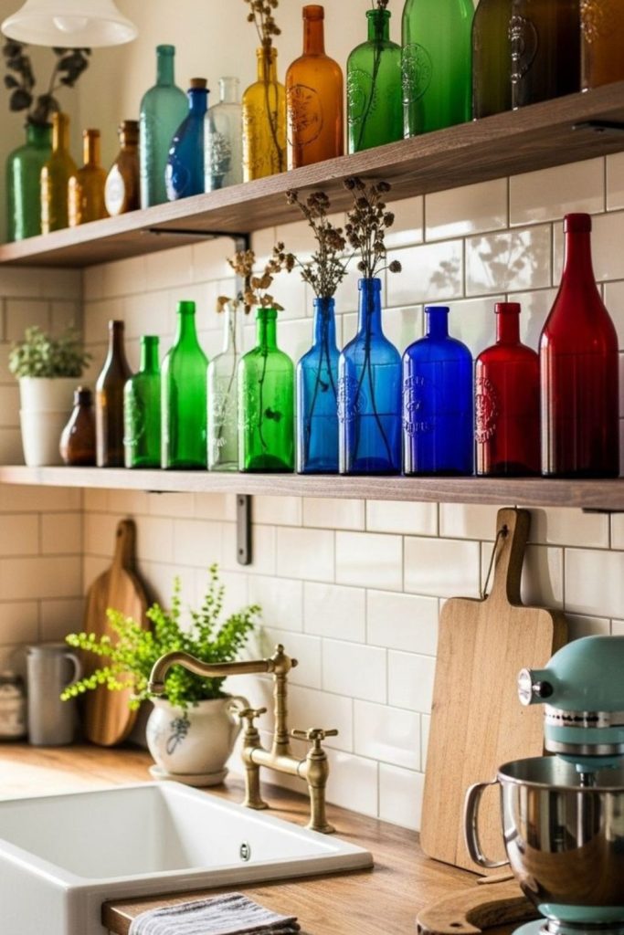 Colored glass bottles create decorative cluster.