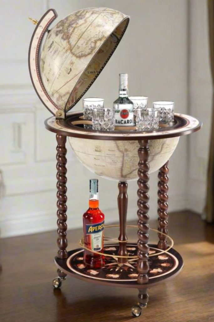 Rotating globe concealing elegant liquor storage