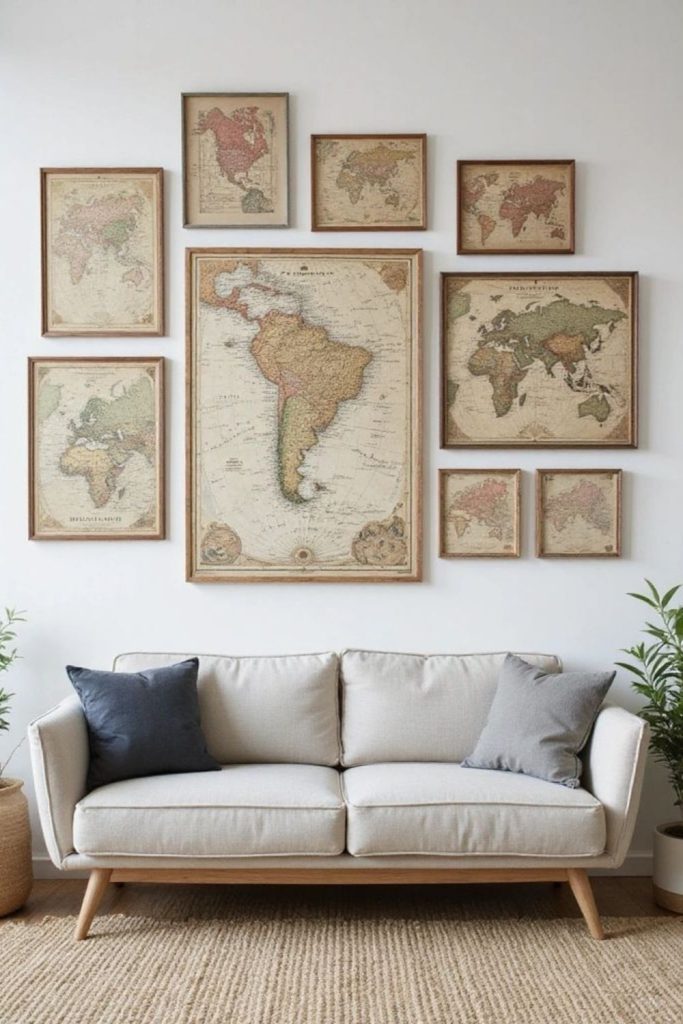 Old maps mounted irregularly on wall surface.