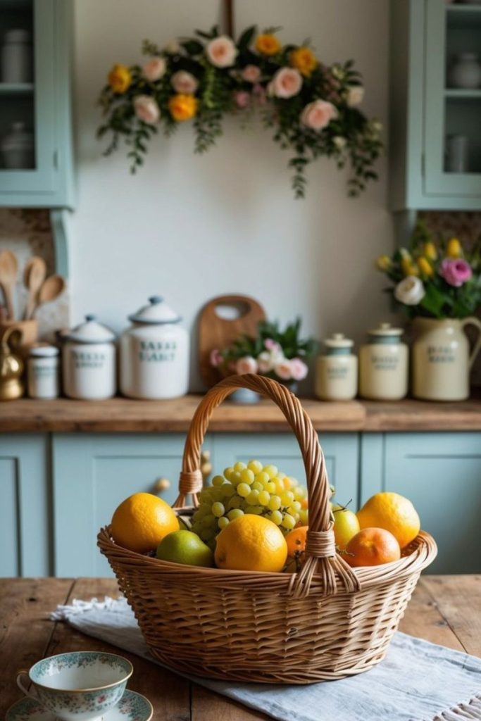 Rustic baskets filled with fresh citrus.