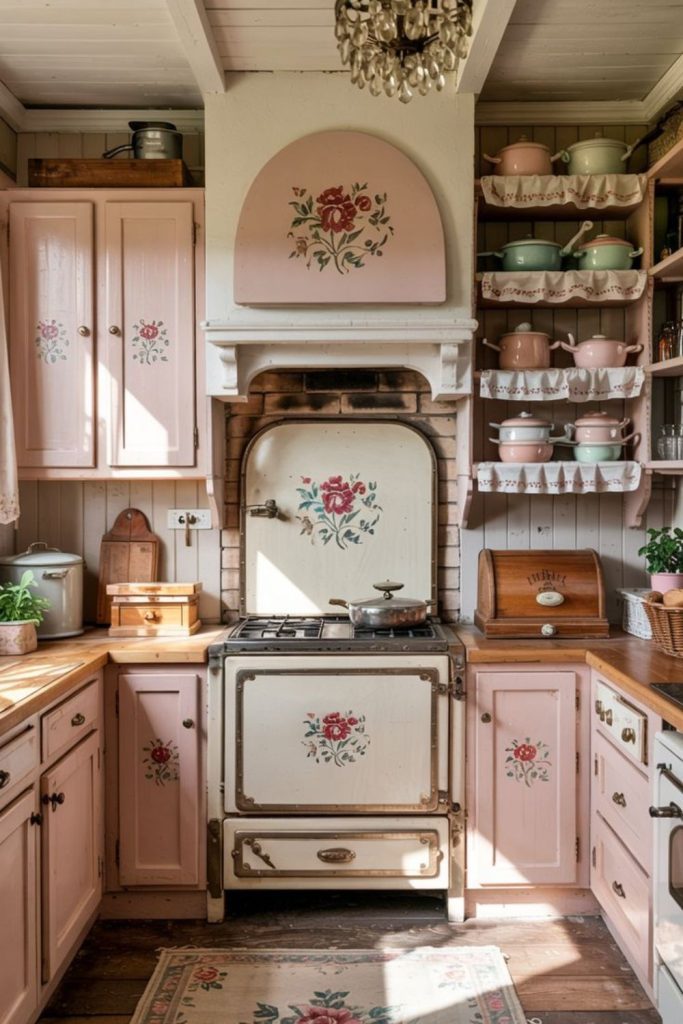 Rose-hued cozy antique kitchen