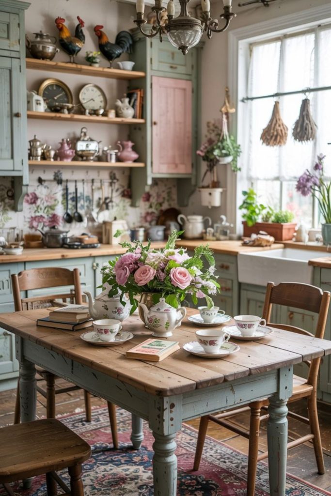 Aged oak island with tea setup.