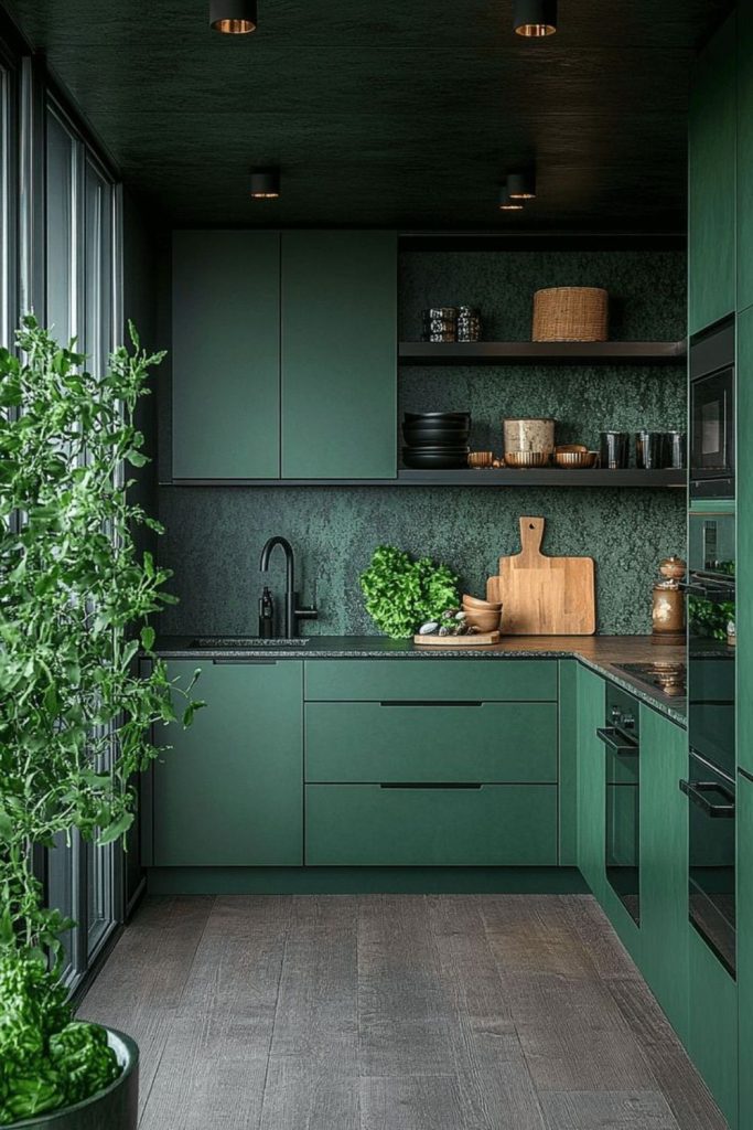 Viridian green artistic modern kitchen depth.