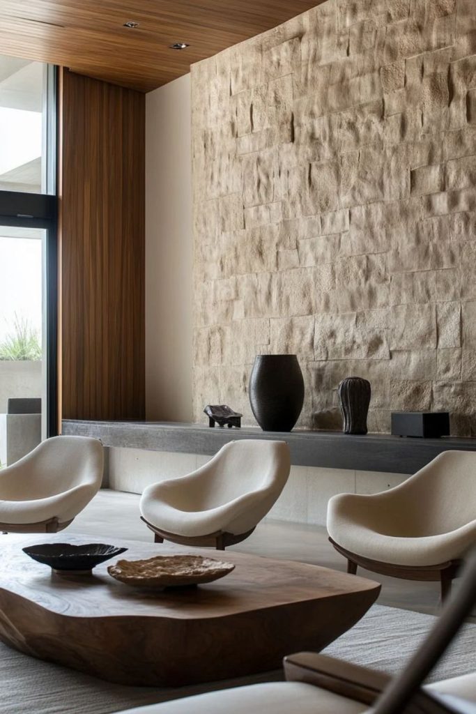 Imperfect textured walls highlight serene minimalistic design.