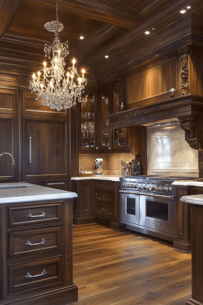 Dark walnut hand-carved kitchen warmth