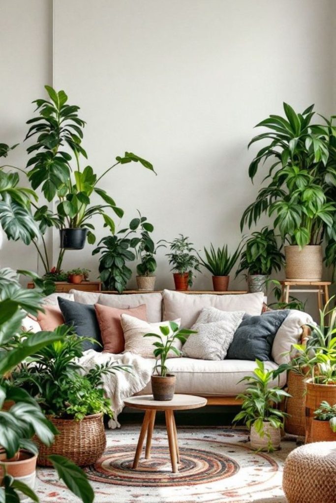 Layered rugs pillows hanging greenery